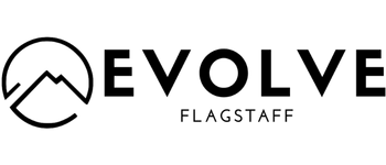 The words Evolve and Flagstaff to the right of a circular mountain logo